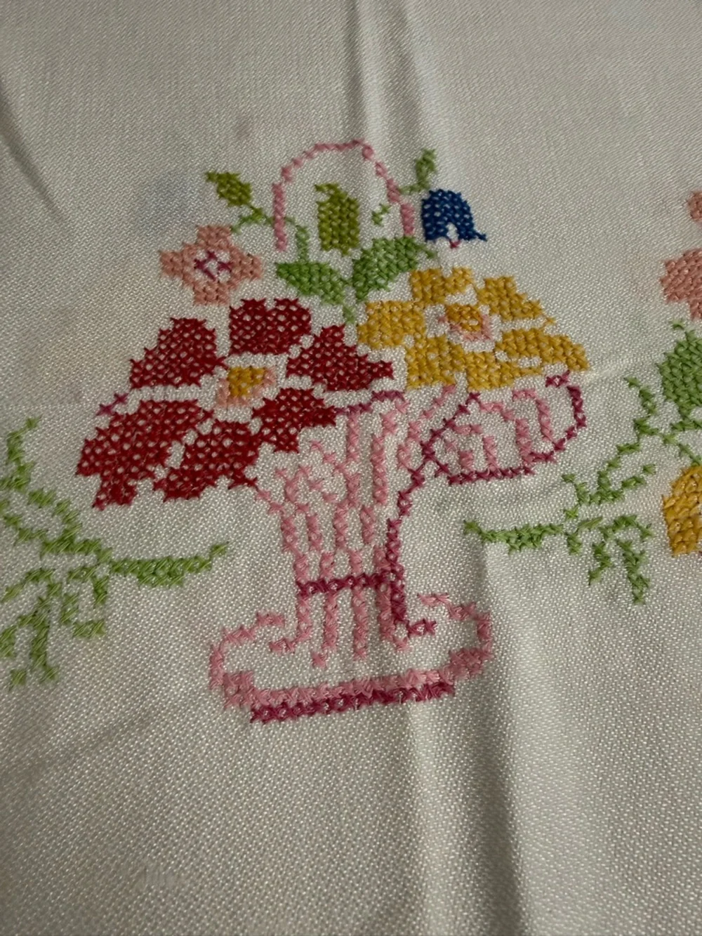 Embroidered Floral Linen Tablecloth - White with Pastel Flowers  OSK
